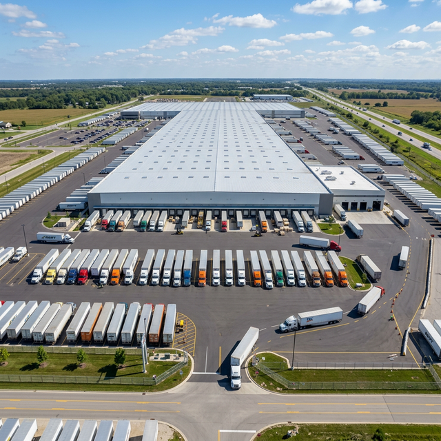 Large logistics distribution center with trucks at loading docks