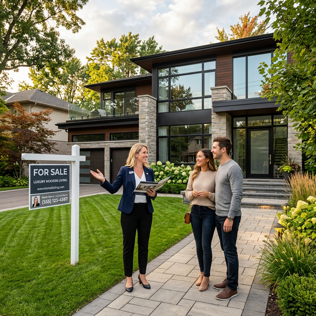 Real estate agent showing a luxury home to buyers