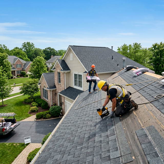 Professional roofing contractors working on a residential roof