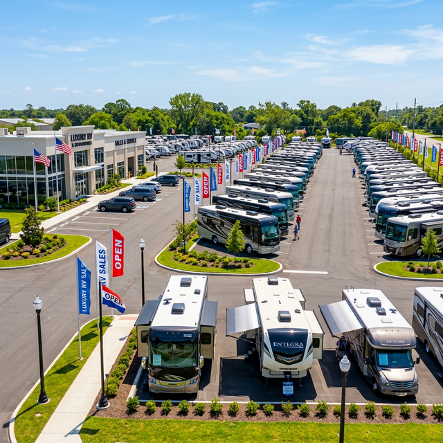 RV dealership lot with recreational vehicles