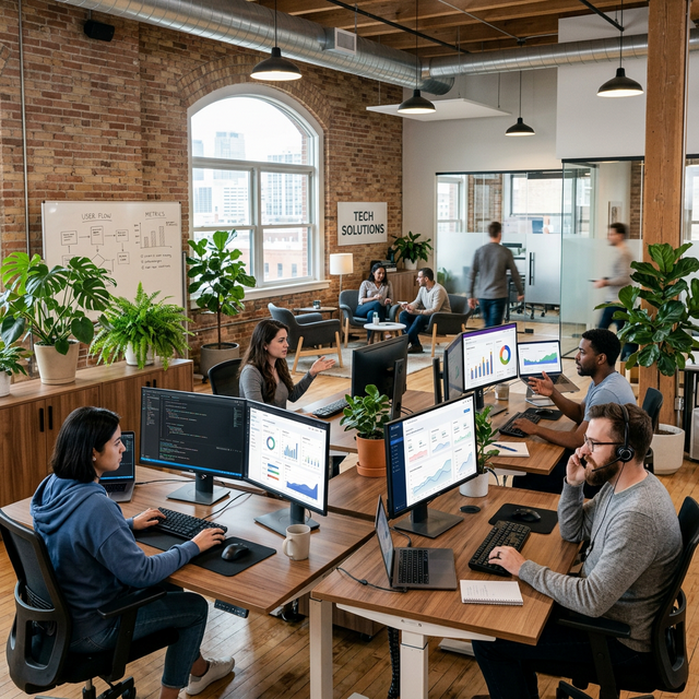 Modern tech office with support specialists at workstations